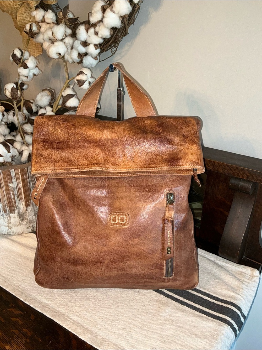 Bed Stu Leather Unisex Howie Flapover Leather Backpack Tan Rustic Retail $365